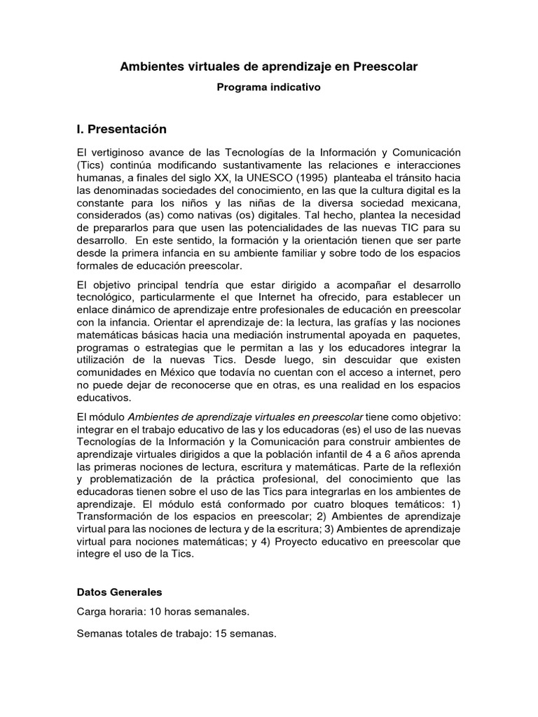 Ambientes Virtuales en Preescolar | PDF | Educación de la primera ...