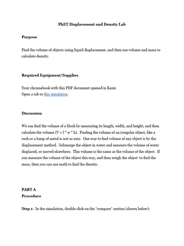 PhET Displacement and Density Lab PDF
