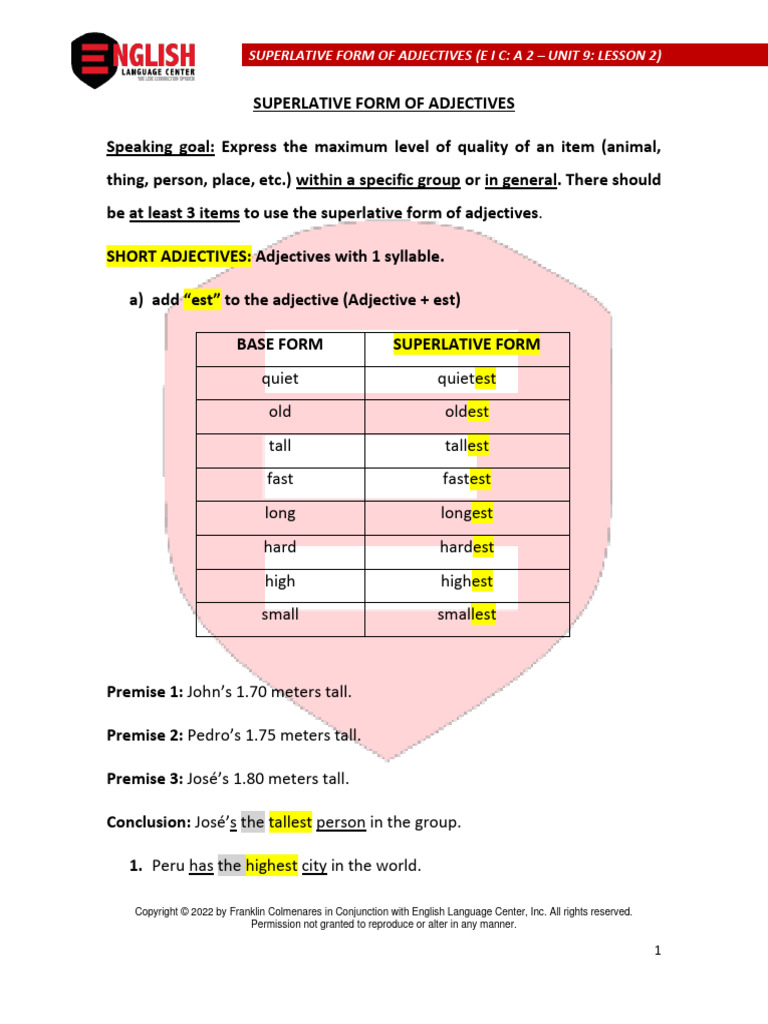 Superlatives - Lesson 2 | PDF | Adjective | Human Communication