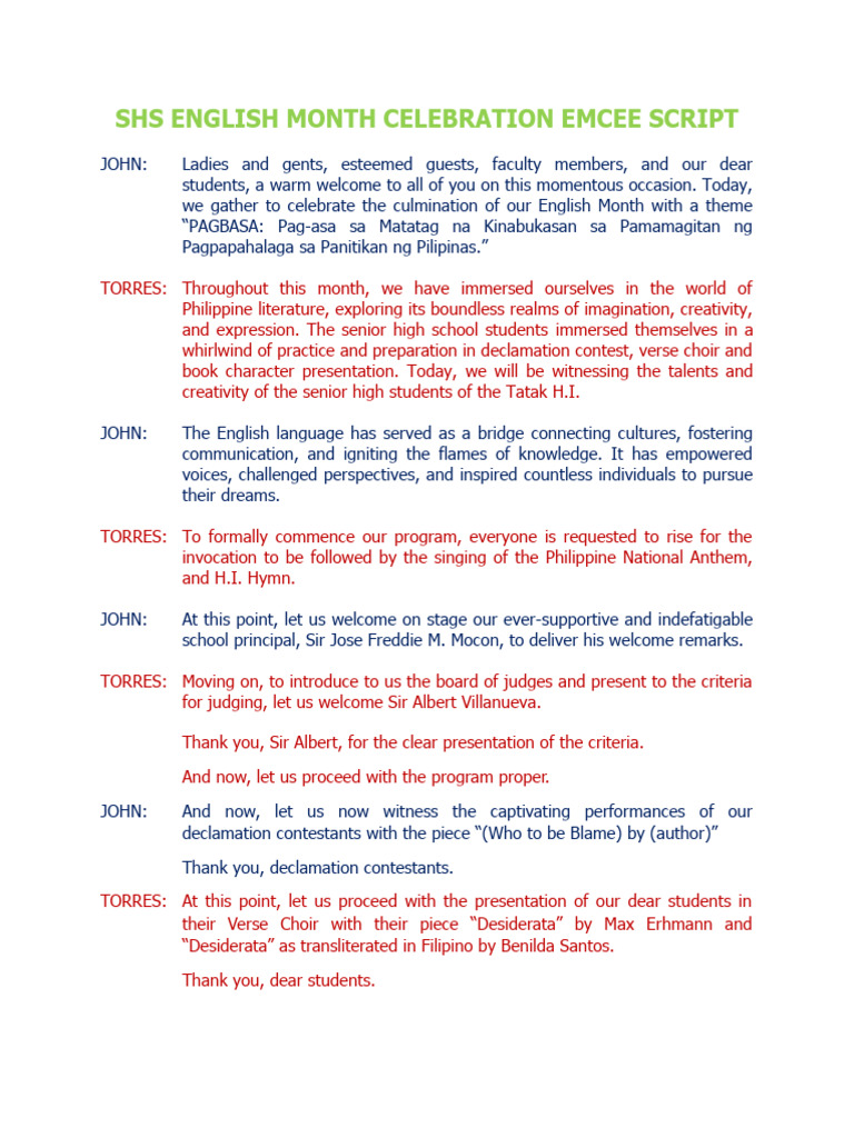 Shs English Month Celebration Emcee Script | PDF