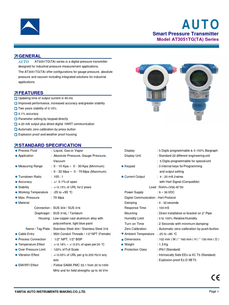 3051 Direct Mounted Pressure Transmitter Datasheet 2023 | PDF ...