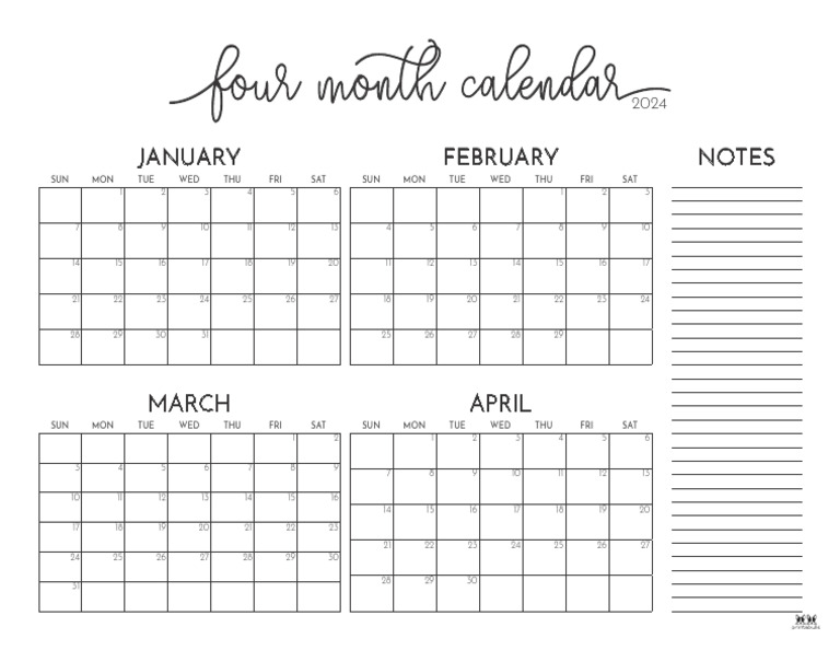 Printable 2024 Four Month Calendar 1 PDF