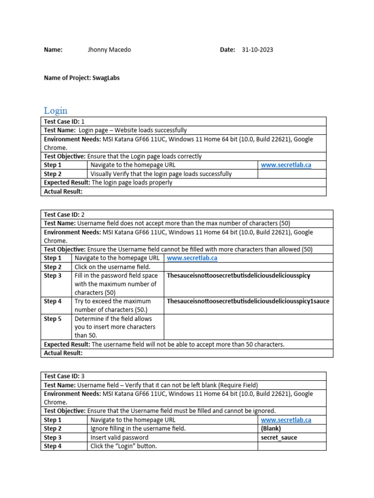 Test Cases - Jhonny Macedo - V1 | PDF | Login | User (Computing)