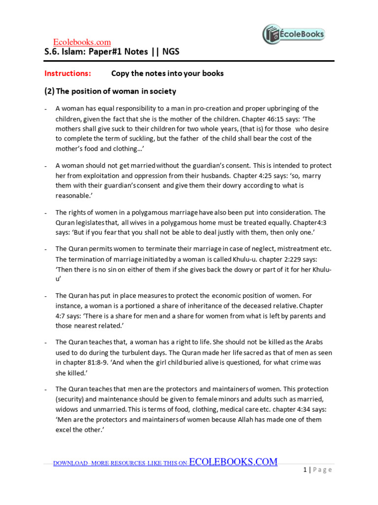s.6 Islam Paper 1 Notes 2020 by Teacher Miiro | PDF | Marriage | Muhammad