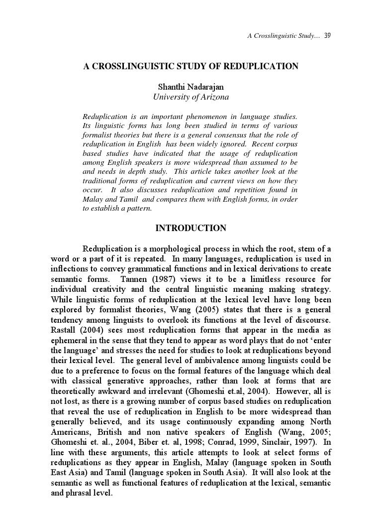 Crosslinguistic Reduplication Analysis | PDF | Linguistics | English ...