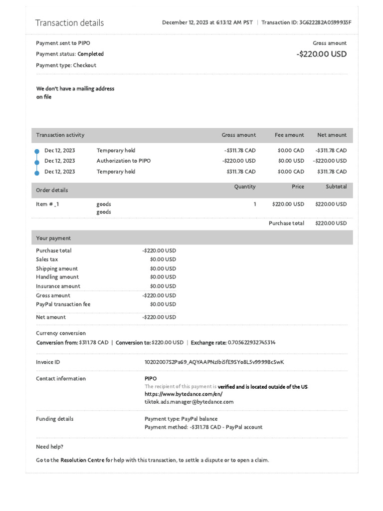 PayPal Transaction to PIPO US Inc. | PDF | Pay Pal | United States Dollar