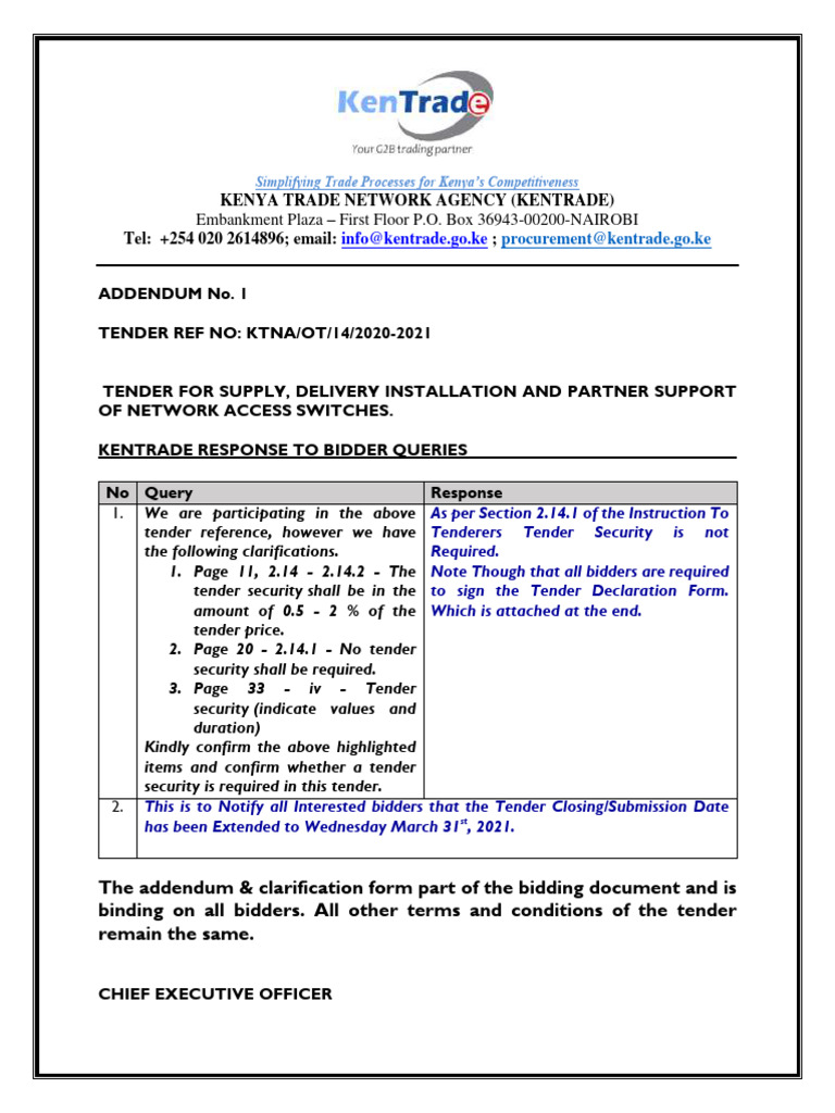 Kentrade Tender Addendum for Network Switches | PDF