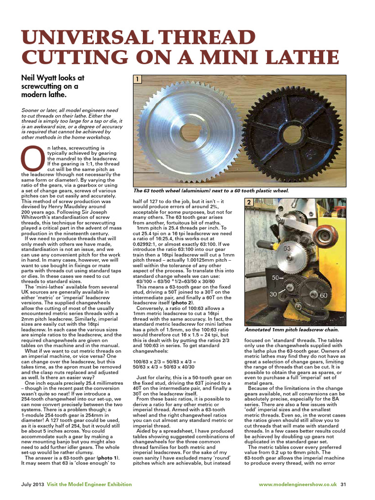 Cutting Threads on Metric Lathes | PDF | Gear | Screw