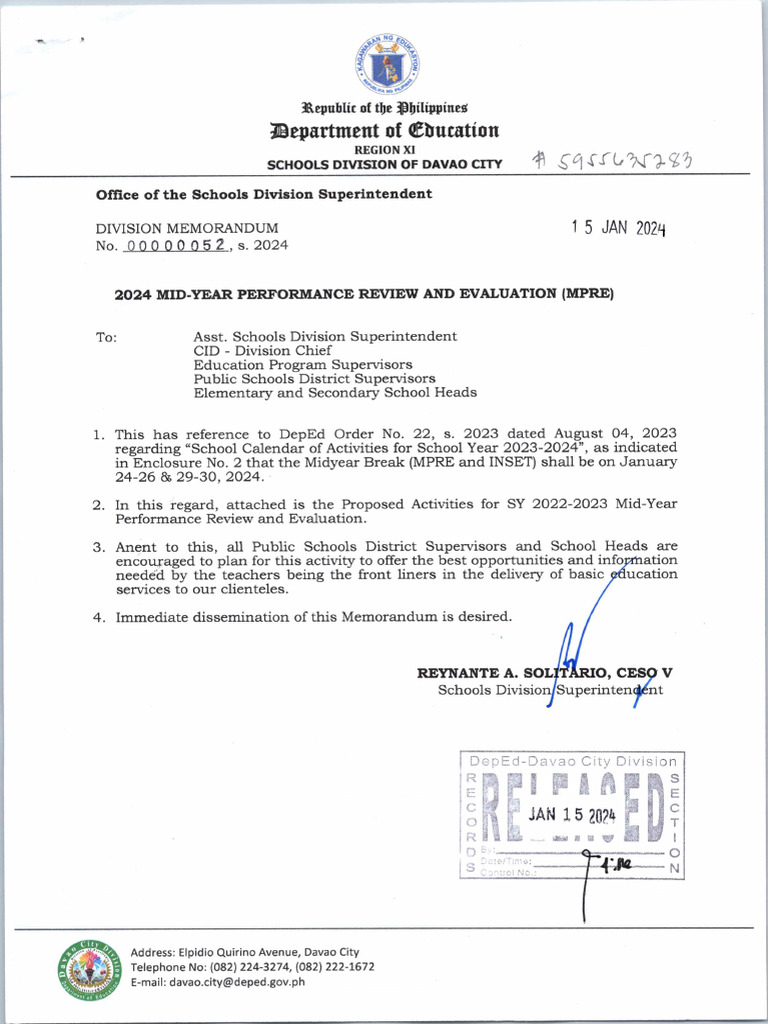 2024DM No. 052 2024 MIDYEAR PERFORMANCE REVIEW AND EVALUATION (MPRE