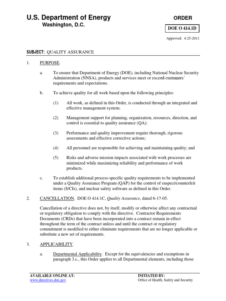DOE Quality Assurance Order 414.1D | PDF | Quality Assurance ...