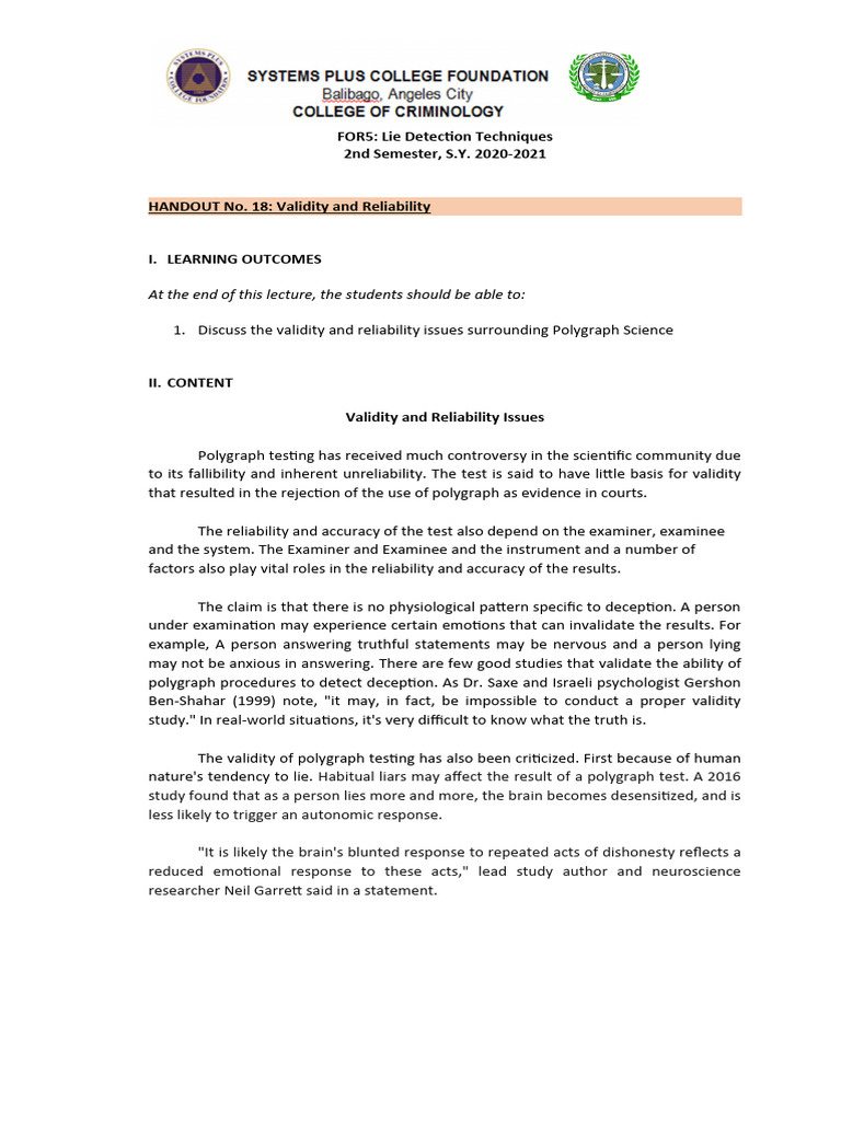 HANDOUT-18 - Validity and Reliability | PDF | Polygraph | Validity ...