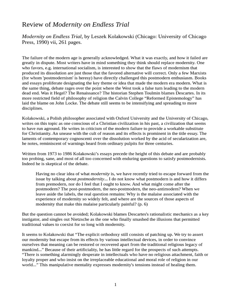 Kolakowski's Critique of Modernity | PDF