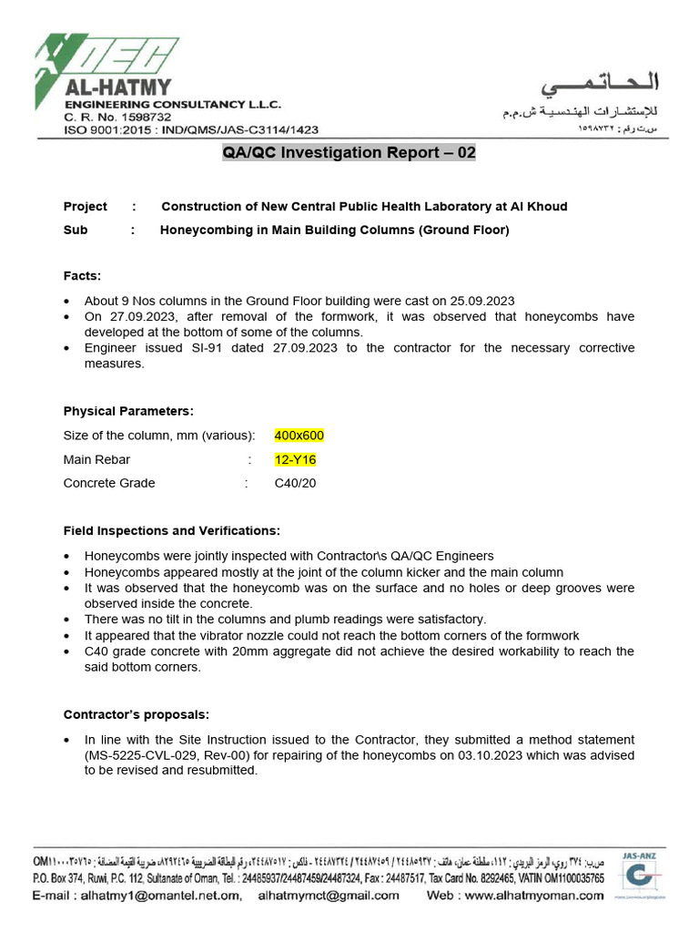 Qa Qc Report 2 Honeycombing Pdf