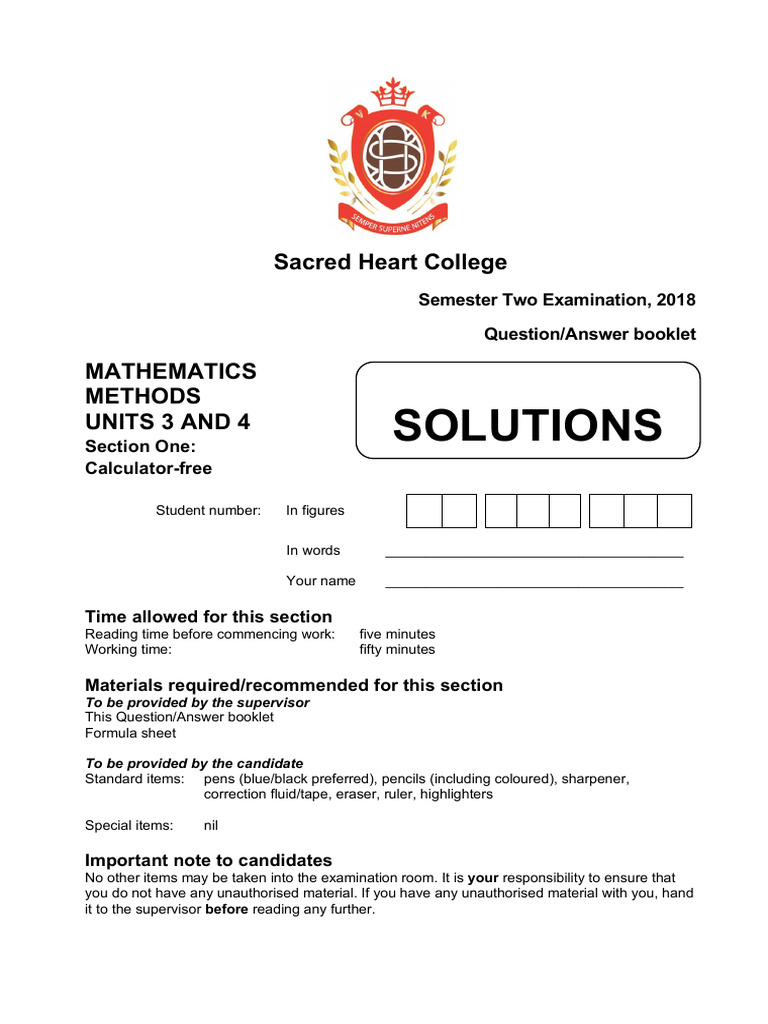 2018 12MET Sem 2 Exam (Noncalc) SOLNS | PDF | Area | Asymptote