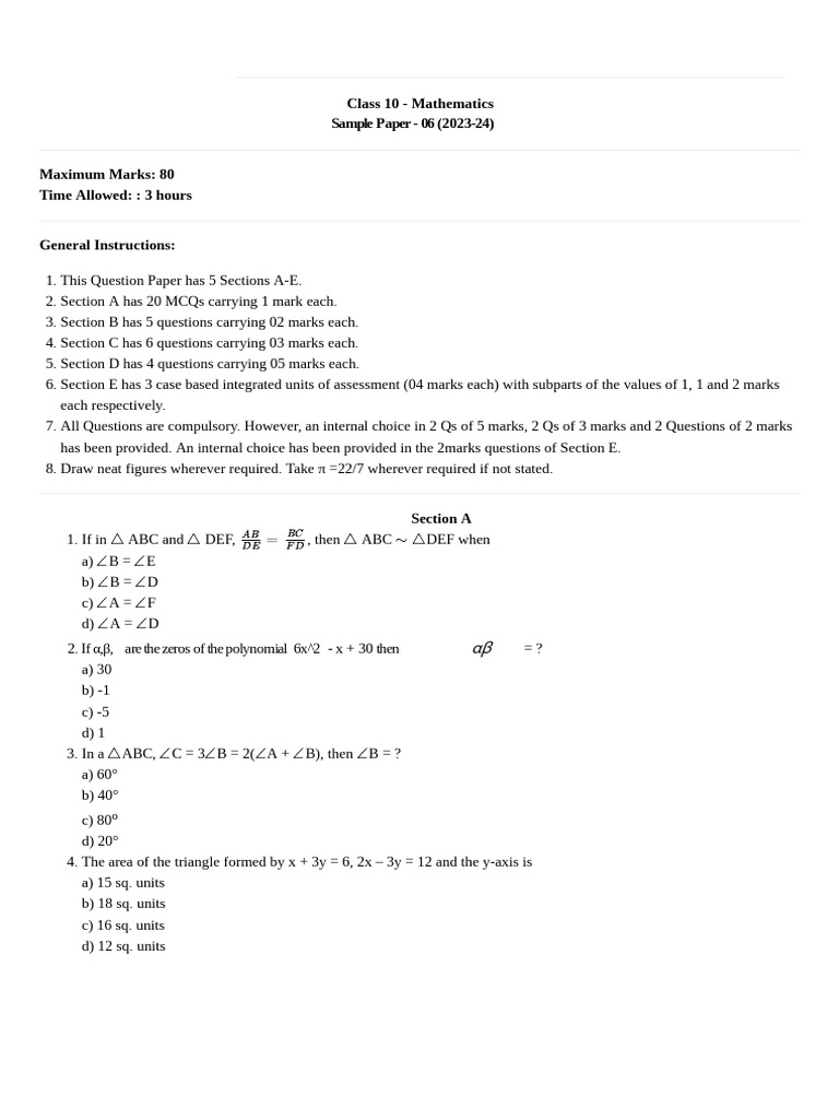 Mycbseguide Class 10 Mathematics Sample Paper 0 6 (202324) PDF