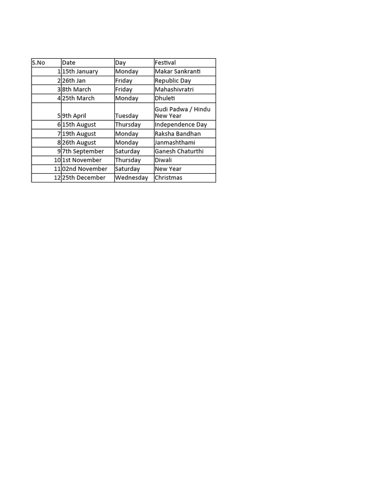 Holiday List 2024 PDF