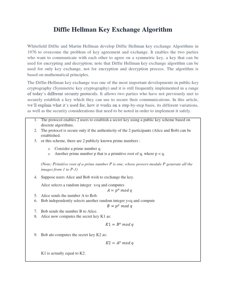 Class+Notes5 Diffie+Hellman+Key+Exchange+Algorithm | PDF | Key ...