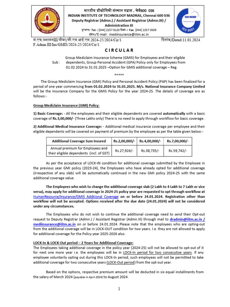 IIT Madras Group Insurance Circular 2024-25 | PDF | Finger | Cancer
