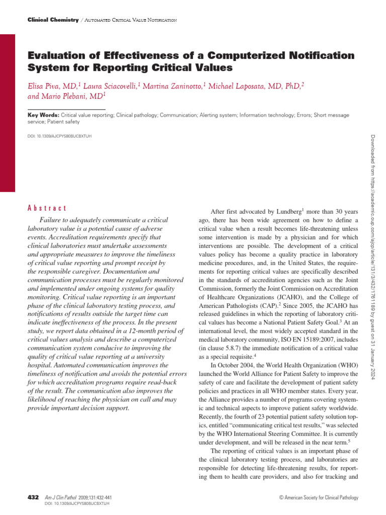 Evaluating Automated Critical Value Alerts | PDF | Patient Safety ...