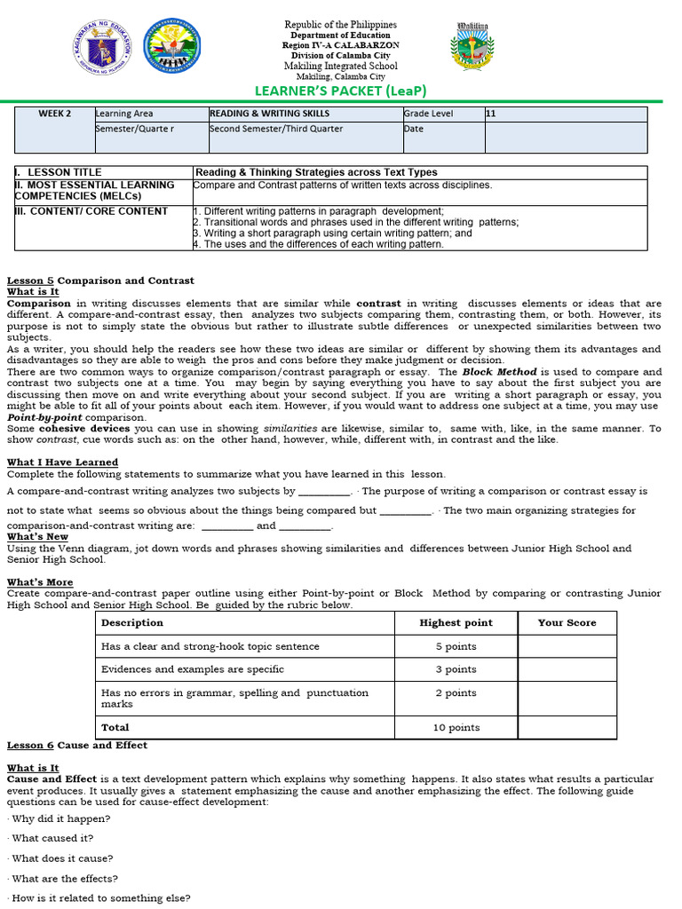 Grade 11 Reading & Writing Skills Guide | PDF