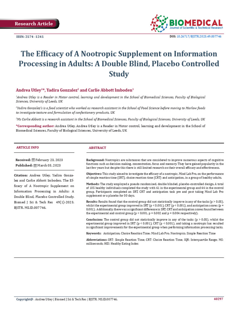 The Efficacy of A Nootropic Supplement On Information Processing in ...