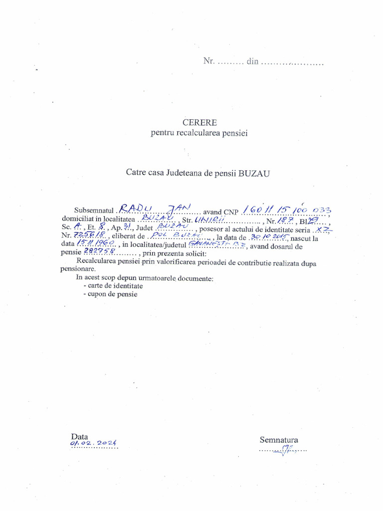 Model Cerere Recalculare Pensie Acord Global Cerere recalculare | PDF