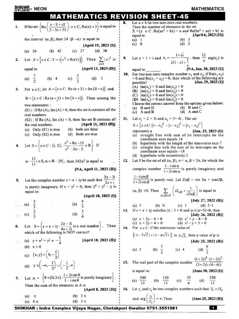 Mathematics Revision Sheet 45 | PDF