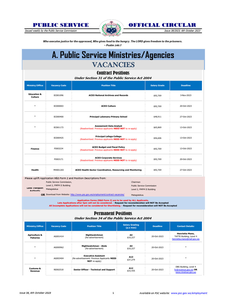 A. Public Service Ministries/Agencies: Vacancies | PDF
