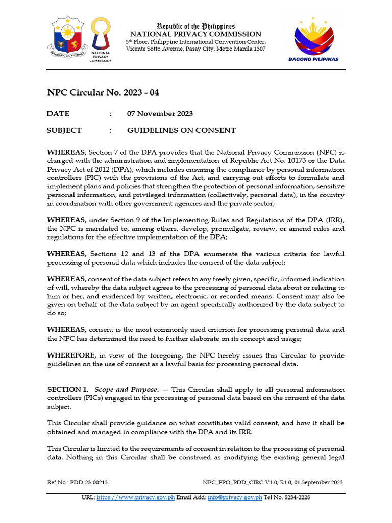 NPC Circular No. 2023 04 Guidelines On Consent 07nov2023 | PDF