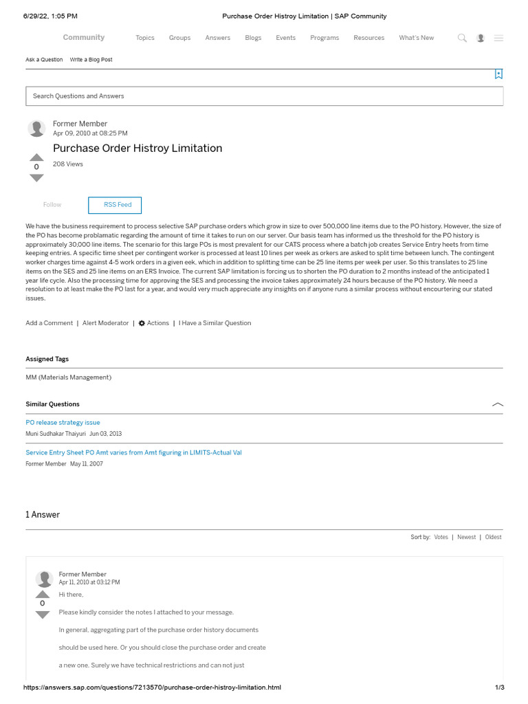 Purchase Order Histroy Limitation - SAP Community | PDF | Computing ...