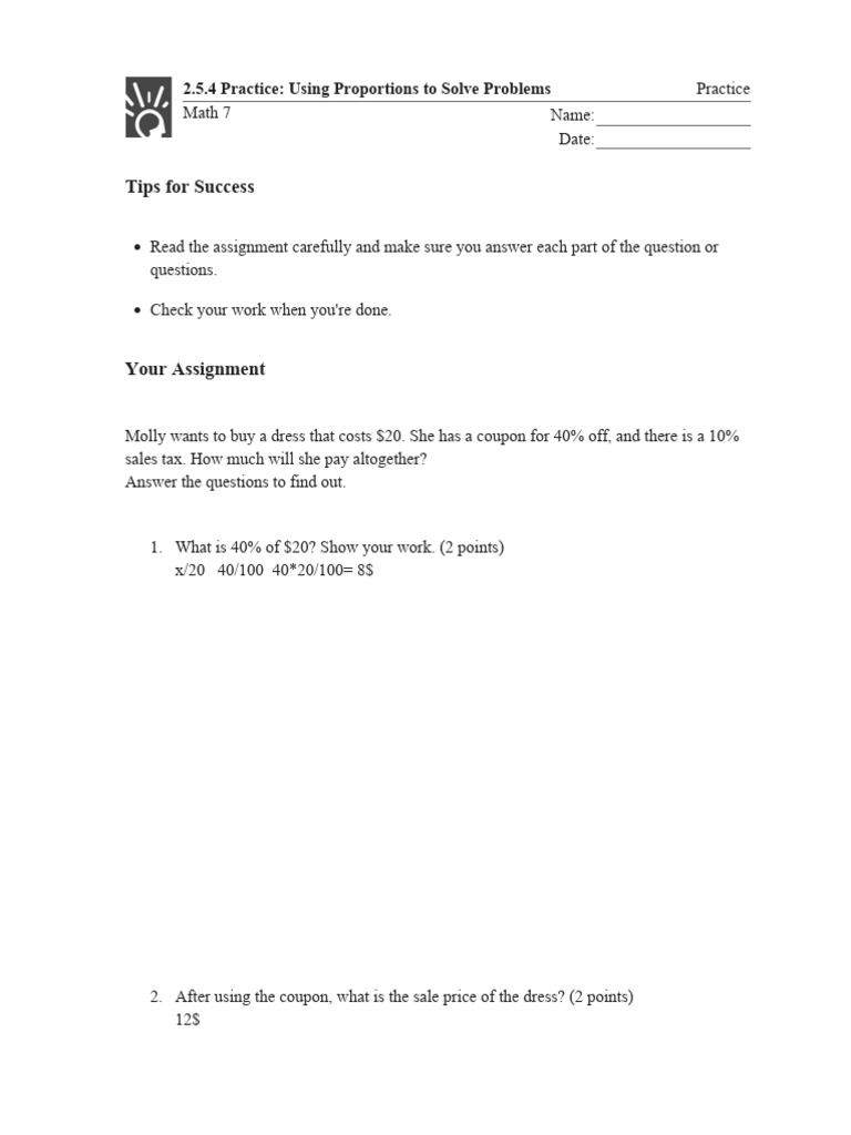 2 5 4 practice using proportions to solve problems practice pdf