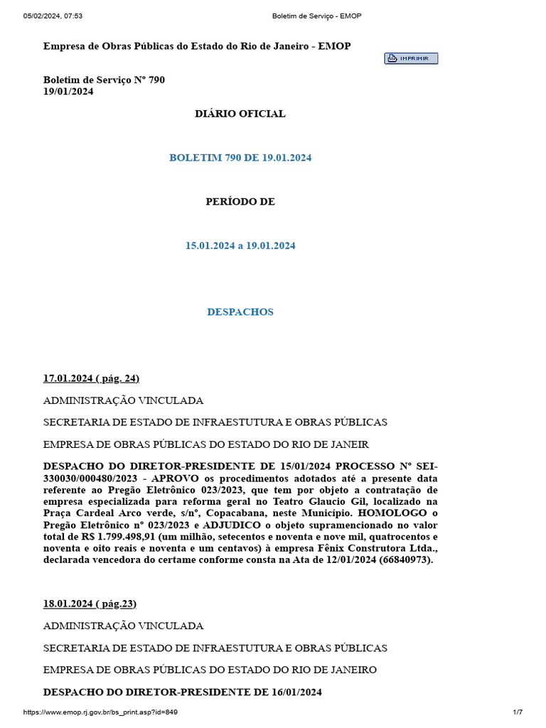 Boletim de Serviço EMOP - 19/01/2024 | PDF | Negócios | Direito