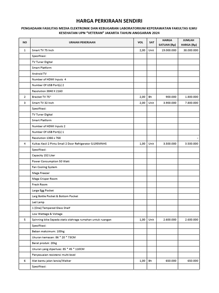 RAB Pengadaan TV, Sepeda Statis Dan Treatmill Lab. Keperawatan Fikes | PDF