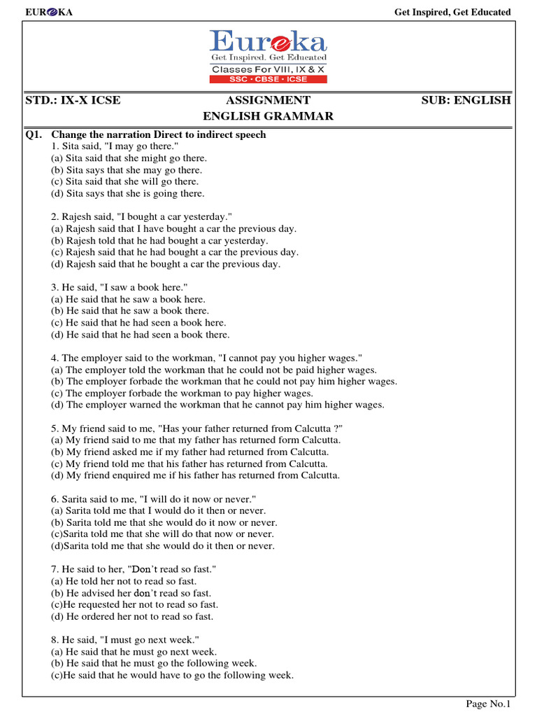 Class 9 ICSE English Grammar Assignment | PDF | Language Arts ...