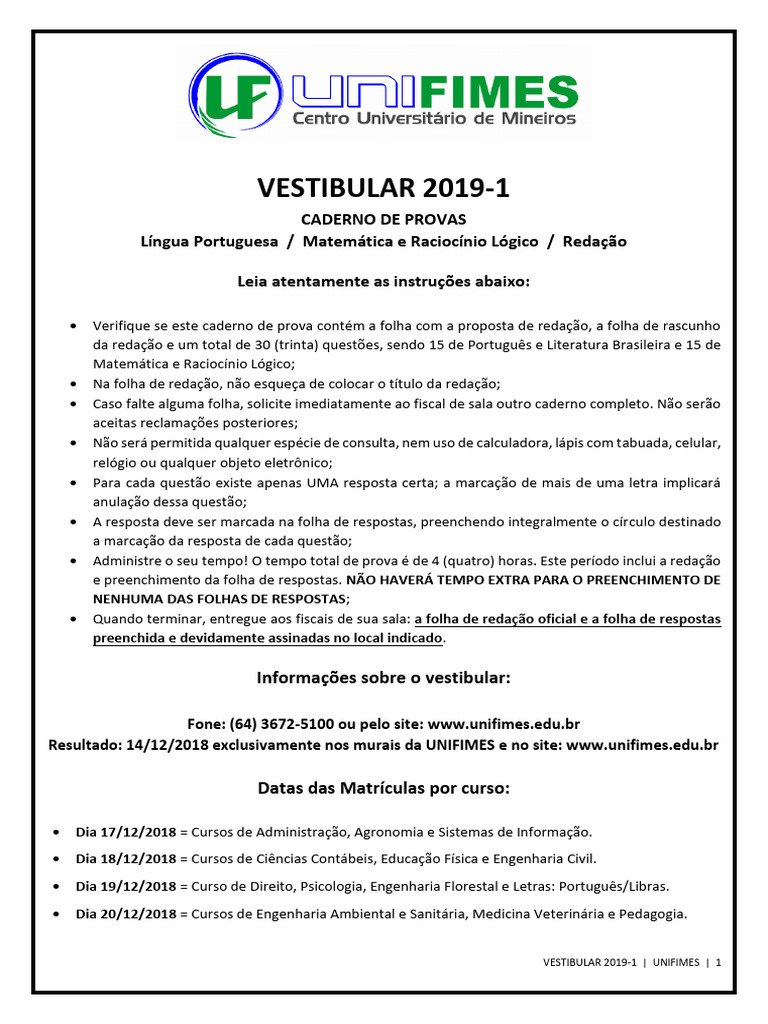 Provas do Vestibular UNIFIMES 2019-1 | PDF | Artes Linguísticas e ...