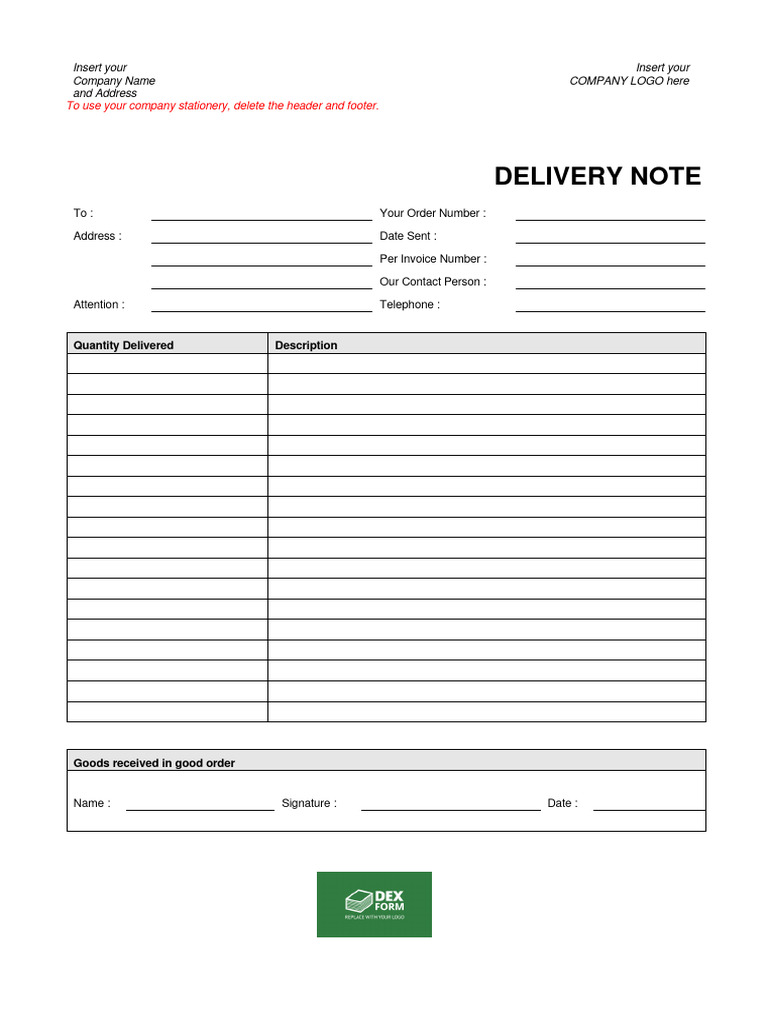 Delivery Note Template | PDF for Delivery Note Template Free Download