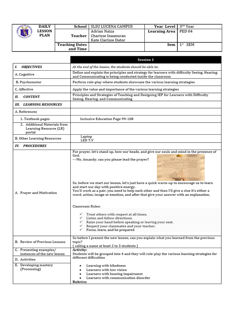 Lesson Plan PED04 1 PDF Learning Visual Impairment