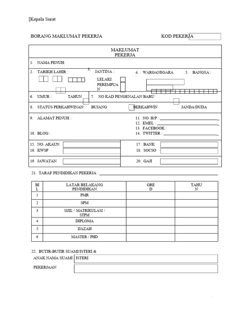 Borang Maklumat Pekerja Pdf