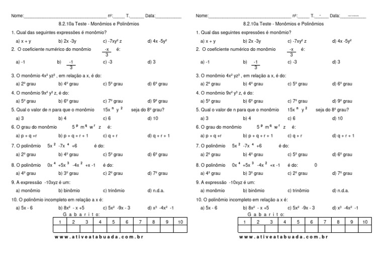 Teste de Monômios e Polinômios 8º Ano | PDF | Analise matemática ...