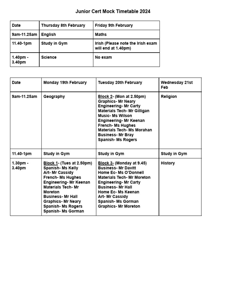 Junior Cert Mock Timetable 2025 (I) PDF