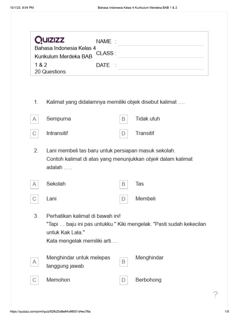 Bahasa Indonesia Kelas 4 Kurikulum Merdeka BAB 1 & 2 | PDF