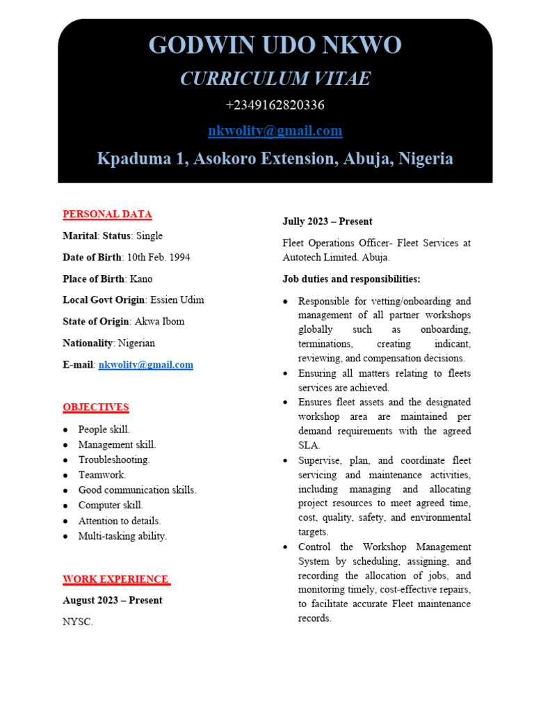 Godwin Nkwo's CV: Fleet Operations Expert | PDF | Business