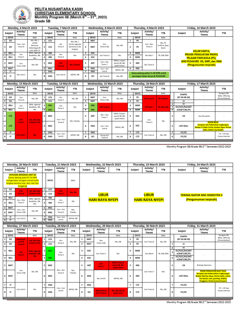 Grade 5B Monthly Program March 2023 | PDF