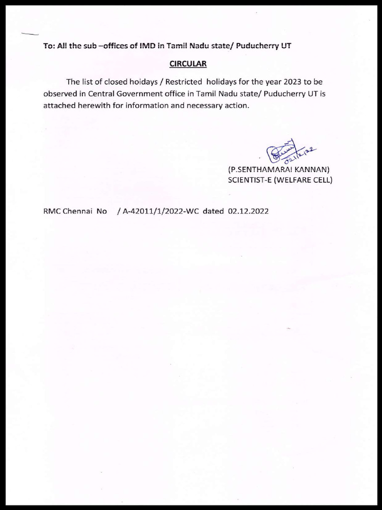 RMC Chennai Holiday 2023 | PDF