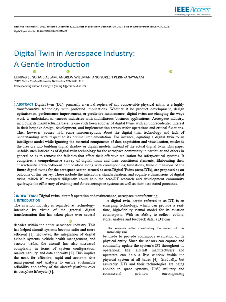 Digital Twin in Aerospace Industry - A Gentle Introduction | PDF ...