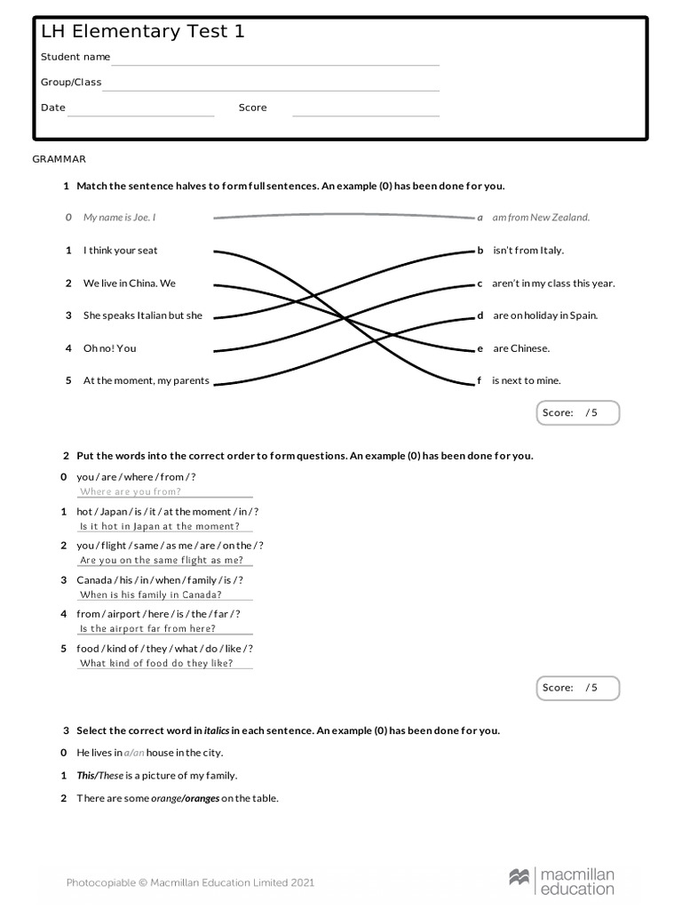 LH Elementary Test 1 Answer Key | PDF | Linguistics | Human Communication