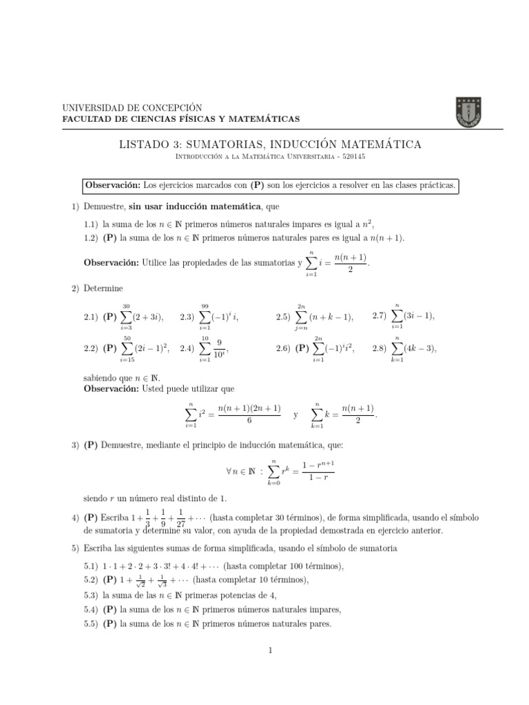 Ejercicios de Sumatorias e Inducción Matemática | PDF | Matemática ...