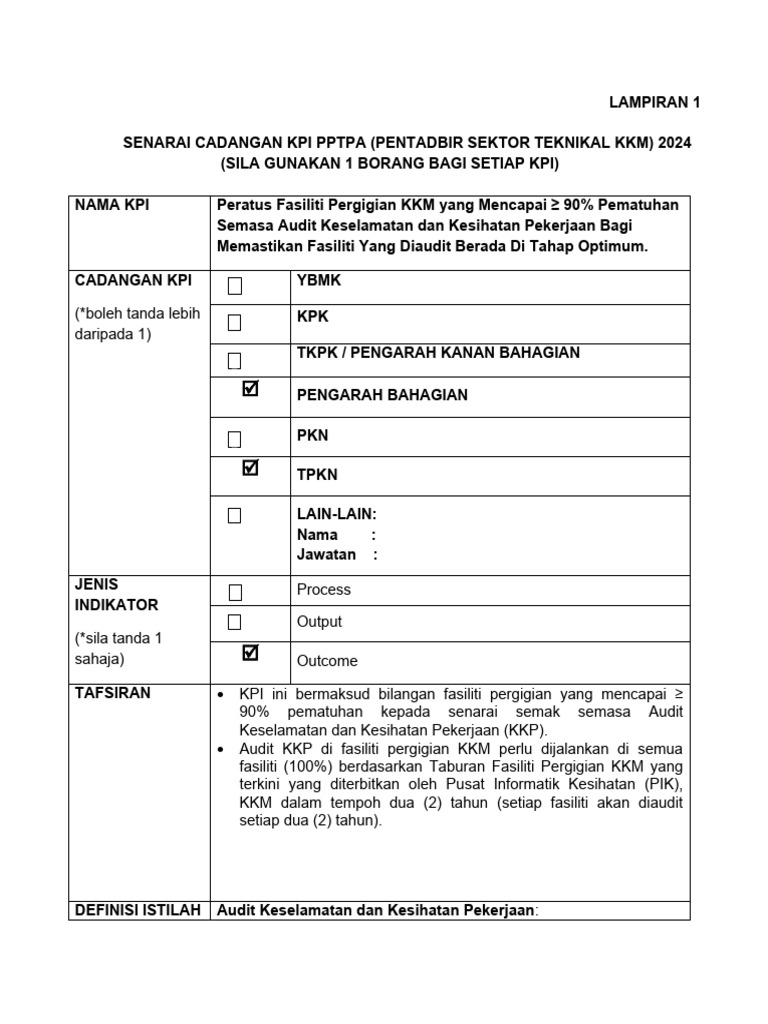 Lampiran 1 - Borang Cadangan KPI PPTPA 2024 - CPPKP | PDF