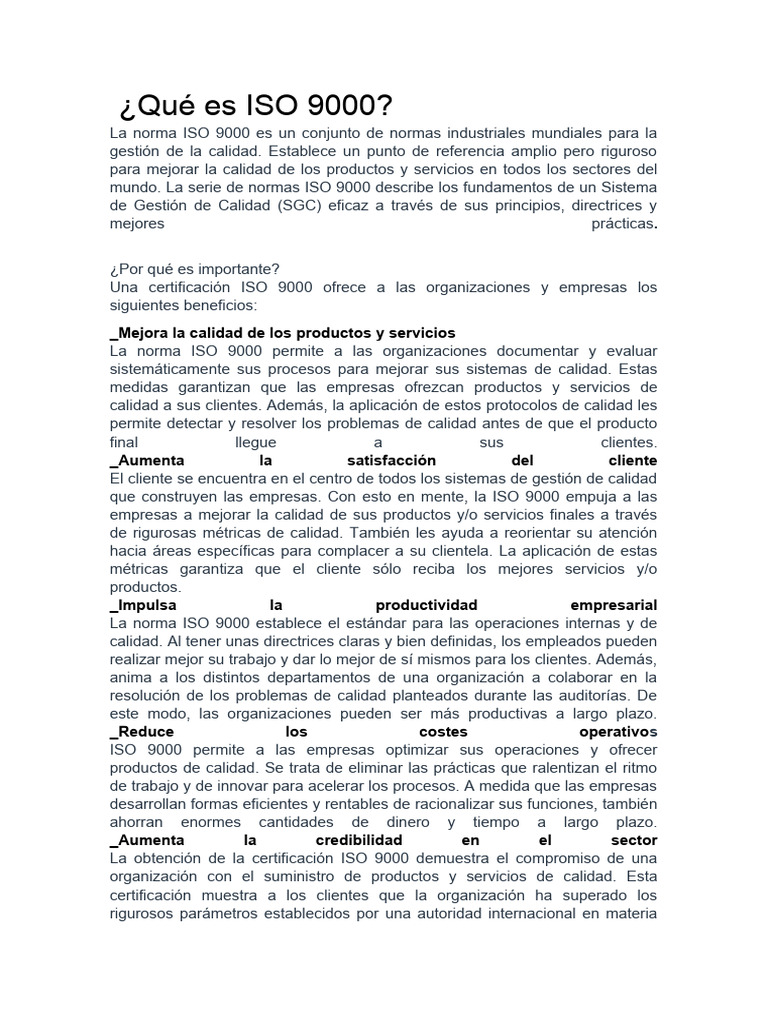Beneficios y Implementación de ISO 9000 | PDF | Calidad (comercial ...