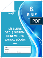 Sınıf LGS Deneme - 26 (Sayısal) (A)